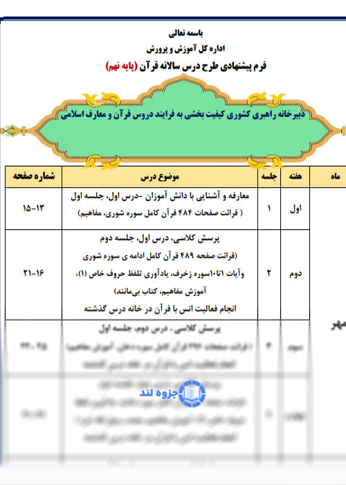 طرح درس سالانه قرآن نهم جدید