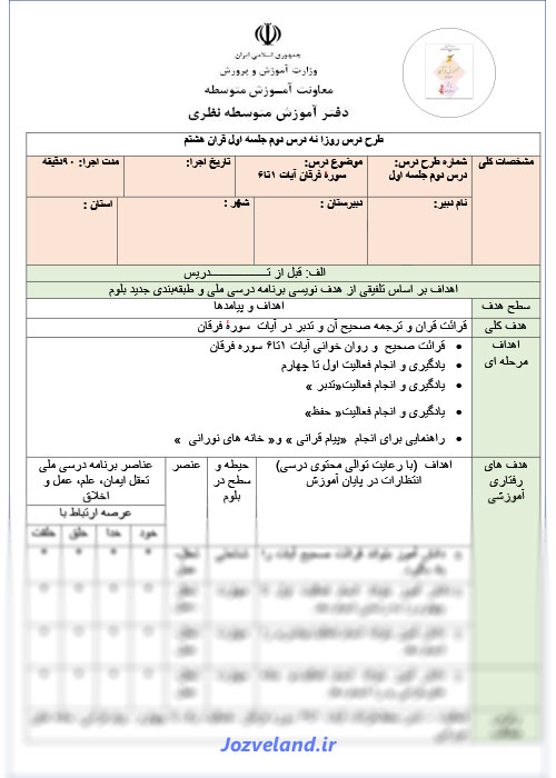 طرح درس سوره فرقان قرآن هشتم