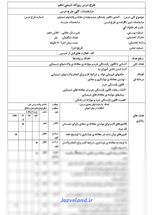طرح درس روزانه واکنش های شیمیایی، قانون پایستگی جرم و موازنه معادله واکنش شیمی دهم