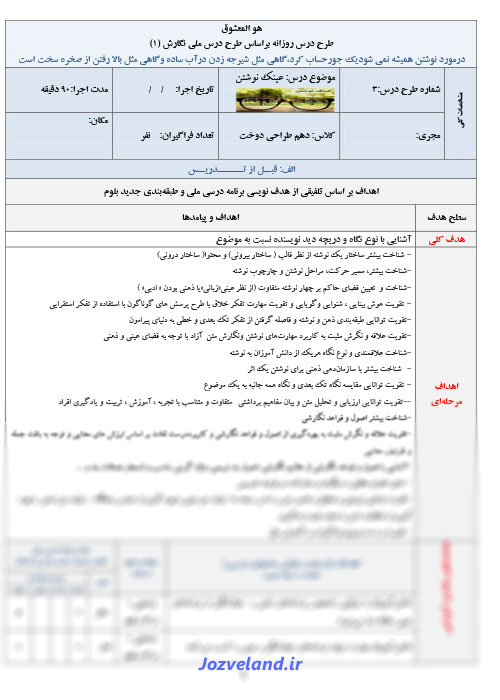 طرح درس روزانه نگارش پایه دهم عینک نوشتن