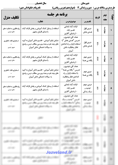 طرح درس سالانه دین و زندگی دوازدهم تجربی ریاضی