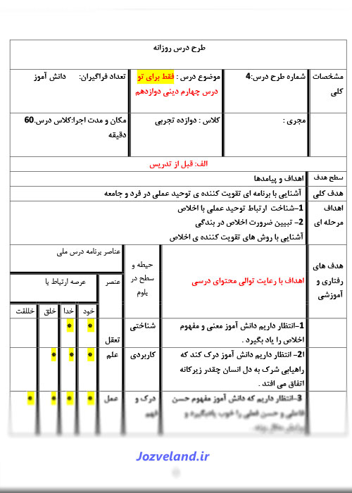دانلود طرح درس روزانه دین و زندگی پایه دوازدهم فقط برای تو