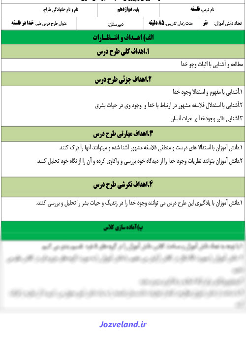 طرح درس روزانه فلسفه پایه دوازدهم انسانی خدا در فلسفه