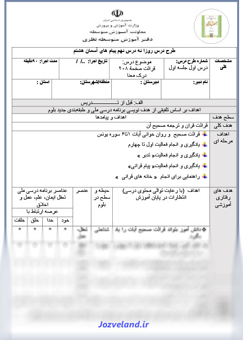 طرح درس روزانه پیام های آسمانی پایه هشتم قرائت صفحه 208 - درک معنا