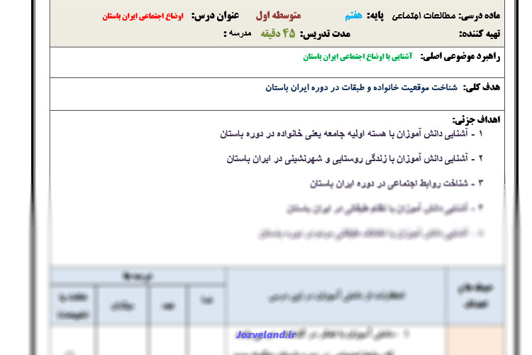 طرح درس روزانه مطالعات اجتماعی هفتم اوضاع اجتماعی ایران باستان