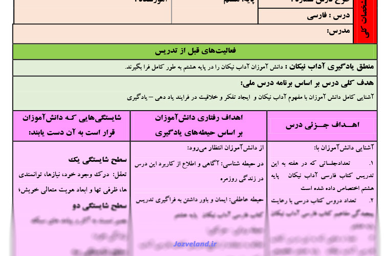 طرح درس روزانه فارسی پایه هشتم پایه آداب نیکان